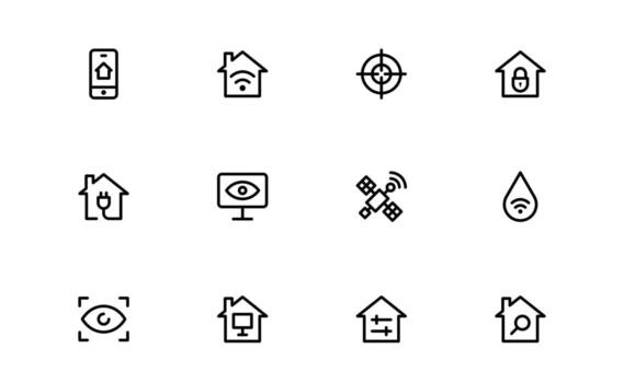 Home Automation Icons with stylish flat lines for automated home management, IoT systems, and intelligent security solutions in residential applications. vector
