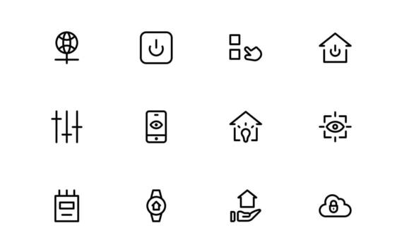 Home Automation Icons with sleek line style for connected devices, smart lighting, and remote home management in contemporary digital dashboards and UI designs. vector