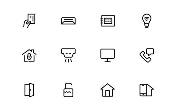 Home Automation Icons with contemporary flat outline for connected appliances, home management systems, and IoT-enabled residential applications. vector