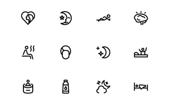 Sleep and Relaxation Icons with precise minimal lines for serene spaces, healthy rest, and peaceful mind illustrations for digital platforms. vector