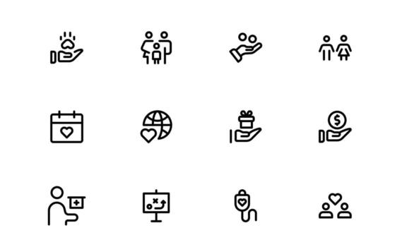 Fund and Charity Icons with clean line style for community support, donation management, and charity events in digital dashboards and mobile platforms. vector
