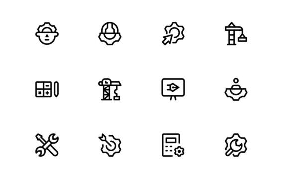 Engineering and Mechanical Icons with balanced line art for industrial design, machinery operations, and technical planning in web and mobile applications. vector