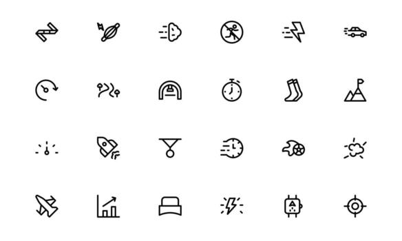 Running and Speed Icons with simple minimal outline for fast movement, jogging, and track and field sports visuals for websites and applications. vector