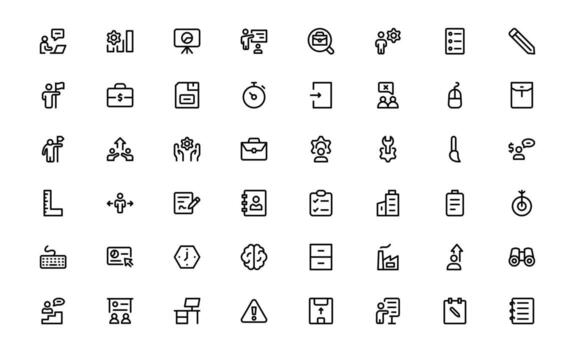 Office and Workshop Icons with stylish minimal outline for desks, tools, and workspace scenes used in modern corporate and industrial designs. vector