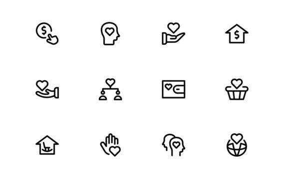 Fund and Charity Icons with elegant flat design for charitable contributions, donation tracking, and social work projects in online and mobile applications. vector