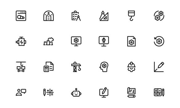 Engineering and Mechanical Icons with creative flat lines for mechanical systems, industrial equipment, and engineering processes in modern UI and UX designs. vector