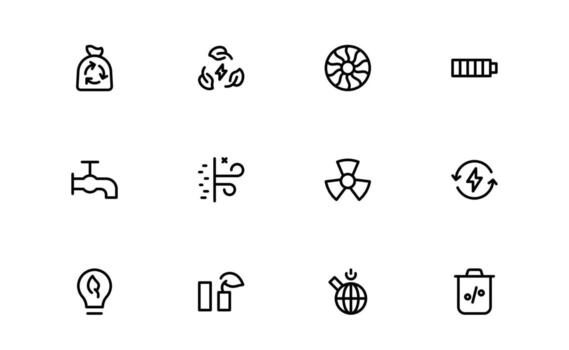 Solar and Green Energy Icons with smooth flat outline for solar panels, green power management, and renewable energy solutions in web and mobile dashboards. vector