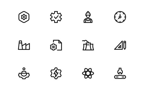 Engineering and Mechanical Icons with precise minimal lines for industrial machinery, engineering tools, and mechanical process tracking in apps and websites. vector