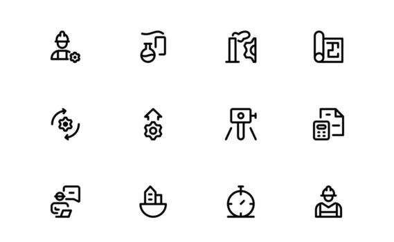 Engineering and Mechanical Icons with stylish minimal design for mechanical schematics, engineering diagrams, and industrial workflow visuals in digital platforms. vector