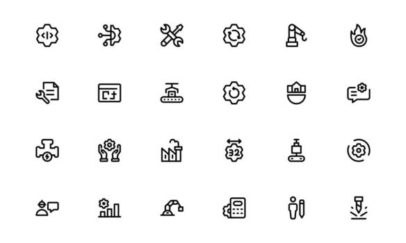 Engineering and Mechanical Icons with modern flat style for machinery operations, technical schematics, and mechanical workflow projects in digital interfaces. vector