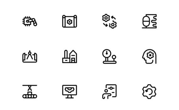 Engineering and Mechanical Icons with balanced flat design for technical systems, mechanical workflows, and engineering schematics in web and mobile applications. vector