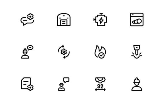 Engineering and Mechanical Icons with creative flat line art for industrial systems, mechanical schematics, and technical components in apps and web dashboards. vector