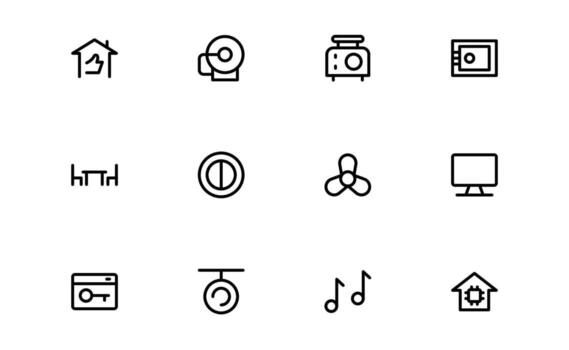 Home Automation Icons with flat minimal outline design for smart home systems, IoT devices, and modern residential control dashboards for apps and websites. vector