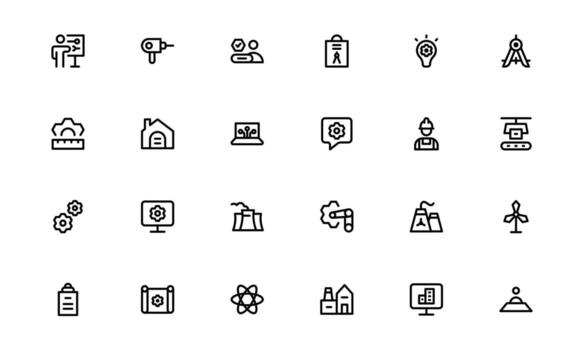 Engineering and Mechanical Icons with balanced flat design for technical schematics, mechanical workflows, and industrial processes in web and mobile applications. vector