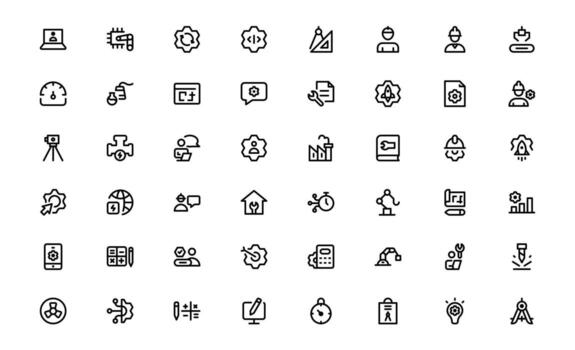 Engineering and Mechanical Icons with minimal flat outline for machinery components, engineering schematics, and technical diagrams for web and mobile platforms. vector