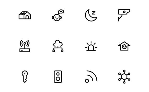 hogar automatización íconos con moderno mínimo contorno para inteligente accesorios, Encendiendo automatización, y hogar energía supervisión en digital tableros de instrumentos. vector