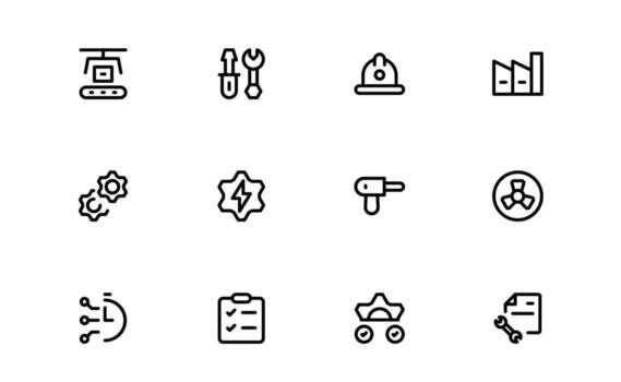Engineering and Mechanical Icons with precise minimal lines for industrial machinery, engineering tools, and technical schematics in apps and websites. vector