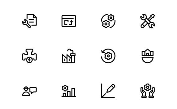 Ingenieria y mecánico íconos con limpiar línea estilo para mecánico partes, Ingenieria herramientas, y industrial flujos de trabajo en digital tableros y interfaces vector