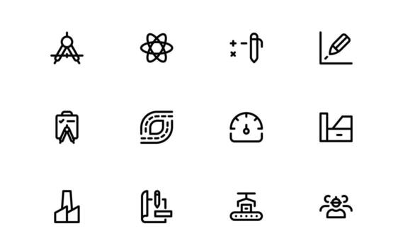 Engineering and Mechanical Icons with modern minimal outline for mechanical engineering, industrial tools, and technical process visualization in apps and websites. vector