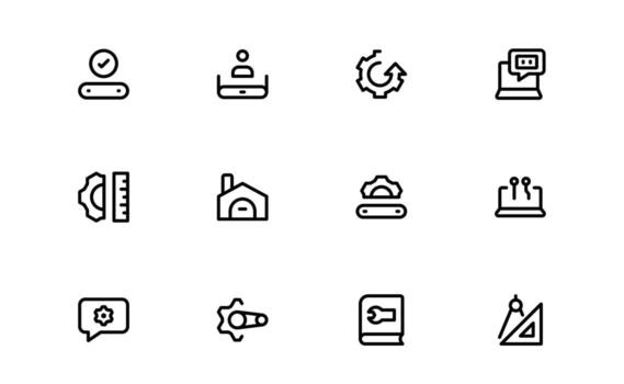 Ingenieria y mecánico íconos con limpiar línea estilo para mecánico partes, Ingenieria herramientas, y técnico diagramas en digital tableros y interfaces vector
