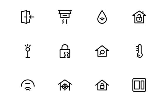 Home Automation Icons with minimal flat outline for voice-controlled devices, smart locks, and automated household management in web and app designs. vector