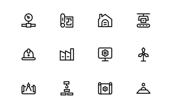 Engineering and Mechanical Icons with smooth flat lines for mechanical equipment, technical diagrams, and engineering project visuals in websites and digital platforms. vector