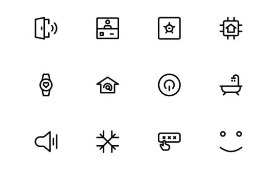 Home Automation Icons with balanced minimal design for intelligent home setups, device control, and smart residential solutions for UI and marketing visuals. vector