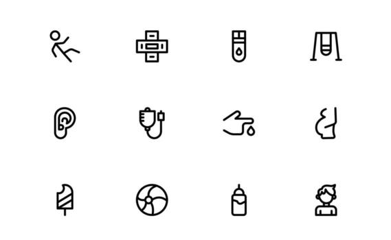enfermería hogar y niño cuidado íconos con elegante mínimo contorno para cuidado rutinas, niño bienestar, y mayor apoyo programas en moderno ui y ux diseños vector