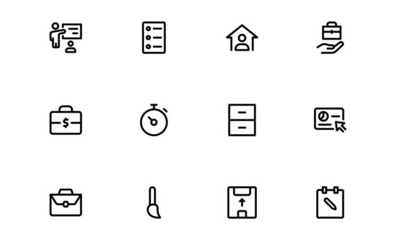 Office and Workshop Icons with simple minimal outline for office desks, workshop tools, and productivity illustrations for websites and applications. vector