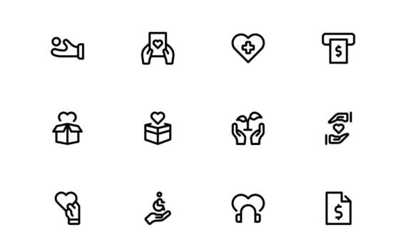 Fund and Charity Icons with balanced minimal design for fundraising platforms, charitable projects, and community assistance in web and mobile applications. vector