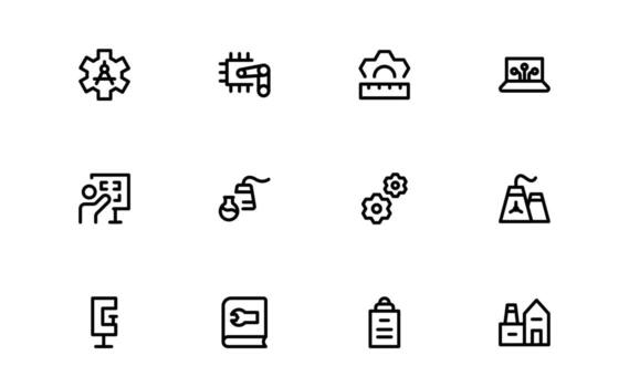 Ingenieria y mecánico íconos con preciso línea Arte para industrial maquinaria, mecánico partes, y Ingenieria herramientas en digital tableros y márketing efectos visuales vector