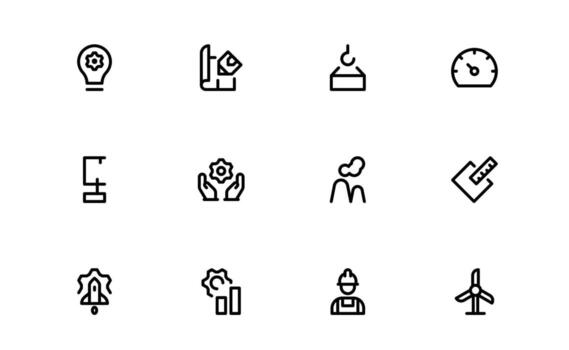 Engineering and Mechanical Icons with smooth flat lines for mechanical processes, technical equipment, and industrial design in websites and digital platforms. vector