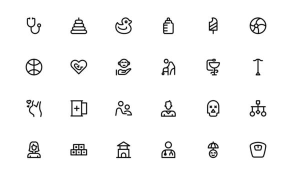 Nursing Home and Child Care Icons with balanced flat design for senior support, childcare management, and caregiving systems in web and mobile applications. vector