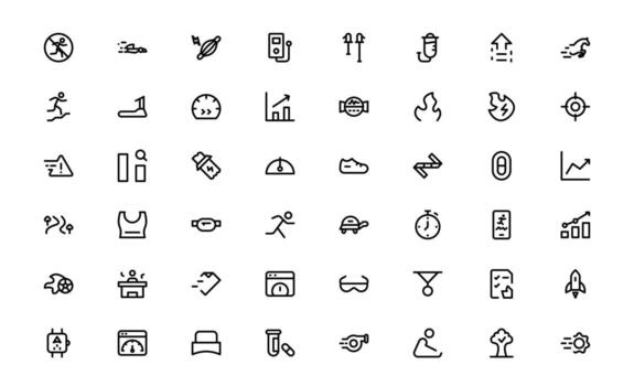 Running and Speed Icons with clean line style for sprinting, marathon tracking, and speed performance visuals in digital dashboards and interfaces. vector