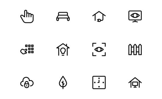 Home Automation Icons with stylish flat lines for automated lighting, thermostat systems, and smart security integration in web and mobile applications. vector