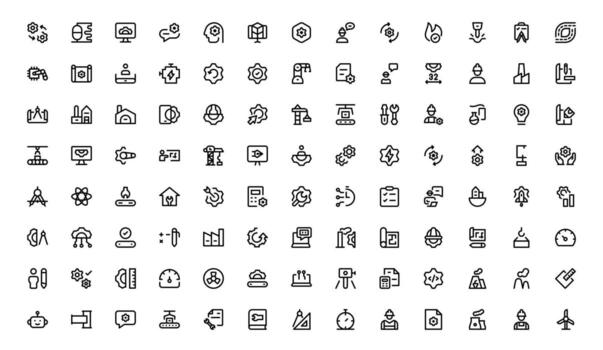 Engineering and Mechanical Icons with creative flat lines for machinery components, technical schematics, and mechanical systems in modern UI and UX designs. vector