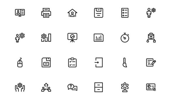 Office and Workshop Icons with flat minimal outline design for business workspace, creative studios, and professional environments in modern apps and websites. vector
