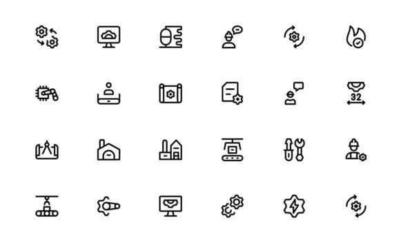 Engineering and Mechanical Icons with stylish minimal outline for industrial components, machinery tools, and engineering diagrams for modern interfaces. vector