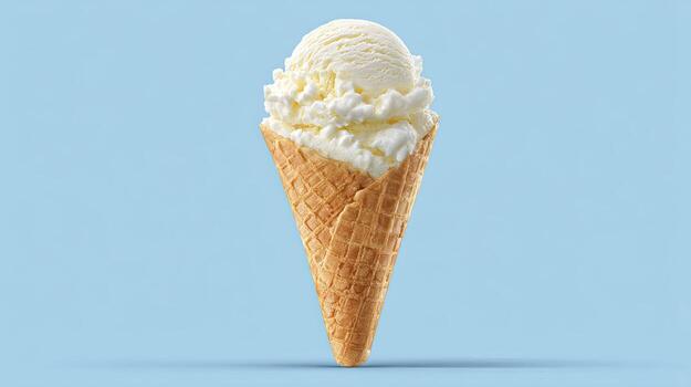 Vanilla ice cream scoop in a waffle cone on blue background. photo