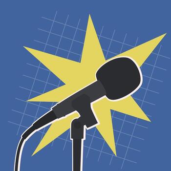 illustration of a microphone in paper cut style with starburst and grid background, symbolizing public speaking, podcasting, and media expression. vector