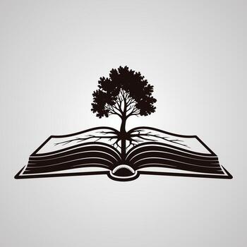 Black silhouette of a tree with roots growing out of an open book knowledge growth vector