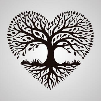 Black heart shaped tree silhouette with roots and grass on light grey background vector