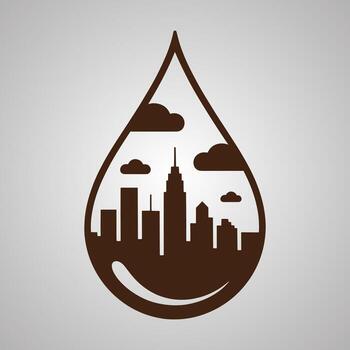 marrón silueta de un ciudad horizonte dentro un agua soltar forma con nubes vector