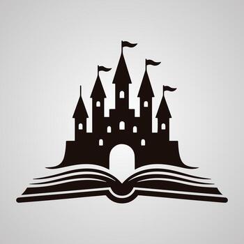 negro silueta de un castillo emergente desde un abierto libro fantasía vector