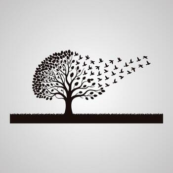Black silhouette of a tree with leaves transforming into a flock of birds flying away against a light gray gradient background vector
