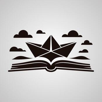 negro papel barco navegación en abierto libro con nubes en cielo origami barco vector