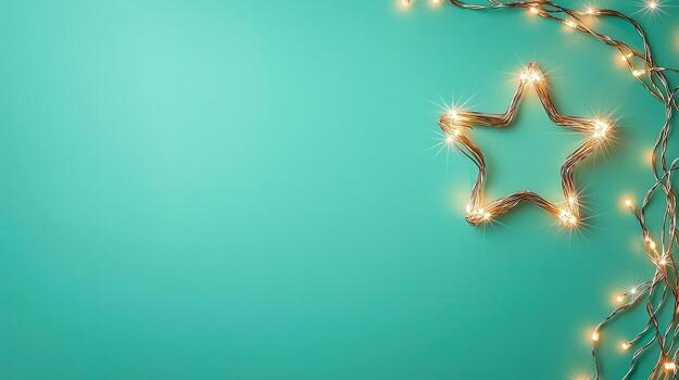 Glowing christmas lights arranged in star pattern resting on teal holiday spreading cheer surface, photo