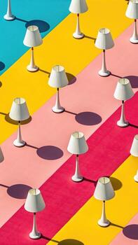 A playful and colorful pattern features rows of white lamps with simple shades arranged in a diagonal stripe of bright pink, yellow, and turquoise photo