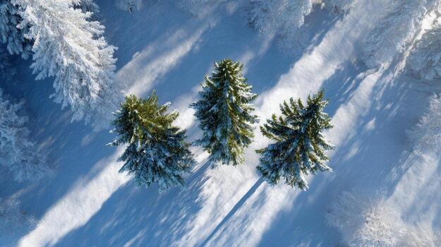 Aerial view of pine trees covered in snow, casting long shadows on a sunny winter day, creating a picturesque winter wonderland photo