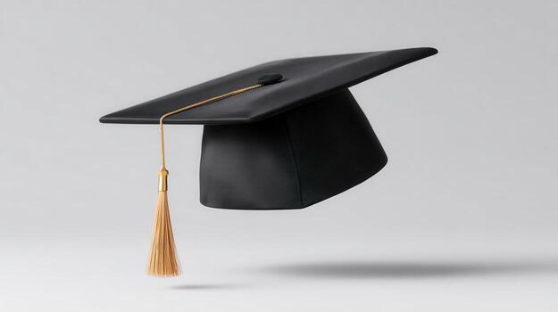 Graduation cap floating the air against a gradient background, symbolizing education, achievement, and future photo